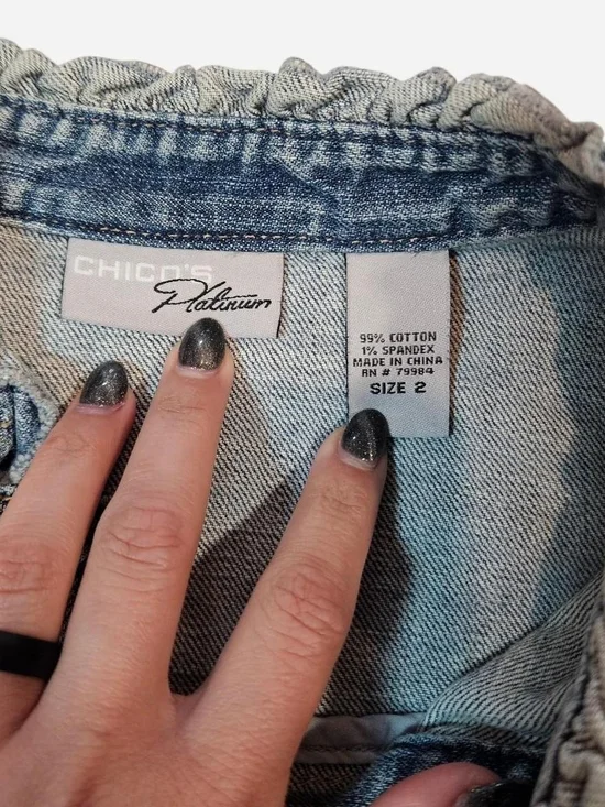 Chico's Platinum Denim Jacket with Ruffles & Button Closures Size 2 Or Large - Picture 3 of 8
